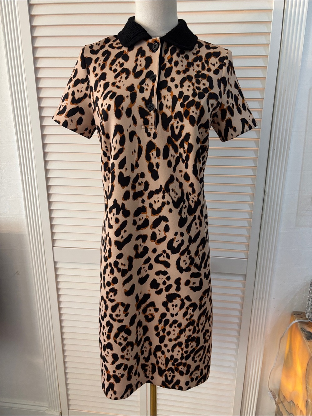 Marc Cain Beige Leopard Print Mini Dress with Black knit  Collar, S, new, no tag